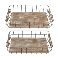 2pc Rectangle Rustic Wood And Metal Basket Set Brown - Stonebriar Collection