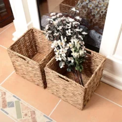 Set Of 2 Handmade Wicker Baskets - 12-Inch Square Foldable Storage Bins With Handles - Made Of Hand-Twisted Water Hyacinth By Villacera (Natural) -Storage Specialty Store GUEST 12a5ea46 ea47 4a5d a7d8 f666b432f6af