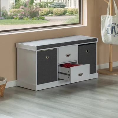 Basicwise MDF Storage Box Shoe Bench With 2 Shelves, Foldable Baskets And A Gray Cushion, White 2 Basicwise MDF Storage Box Shoe Bench With 2 Shelves, Foldable Baskets And A Gray Cushion, White - Image 2