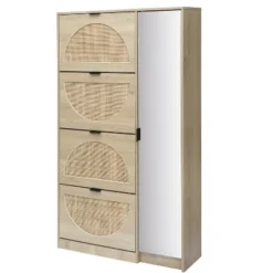 Arina 63.9'' H X 37'' W X 9.45'' D Farmhouse Natural Rattan Shoe Cabinet For 16 Pairs Design Mirror With 4 Flip Down Drawers - The Pop Maison -Storage Specialty Store GUEST 25eafb05 f010 4bdc a2f3 25be29708a5a
