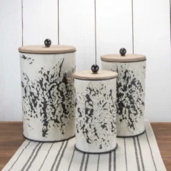 Set Of 3 Cream And Gray Floral Metal Decorative Storage Canisters - Foreside Home & Garden -Storage Specialty Store GUEST 3d627eed 8fff 47a3 b08b 619f7ab2926d