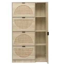 Arina 63.9'' H X 37'' W X 9.45'' D Farmhouse Natural Rattan Shoe Cabinet For 16 Pairs Design Mirror With 4 Flip Down Drawers - The Pop Maison -Storage Specialty Store GUEST 41b87af1 aad3 4656 b0cc 18fa7979237e 1