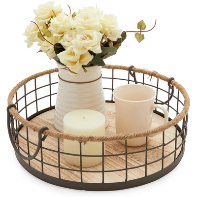 Juvale 2 Pack Round Wooden Wire Basket Trays With Handles, Farmhouse Decor (2 Sizes) 2 Juvale 2 Pack Round Wooden Wire Basket Trays With Handles, Farmhouse Decor (2 Sizes) - Image 2