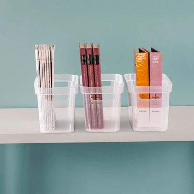 Sterilite 6.25x6.25x15 Inch Narrow Modern Storage Bin W/ Comfortable Carry Through Handles And Banded Rim For Household Organization, Clear (16 Pack) 3 Sterilite 6.25x6.25x15 Inch Narrow Modern Storage Bin W/ Comfortable Carry Through Handles And Banded Rim For Household Organization, Clear (16 Pack) - Image 3