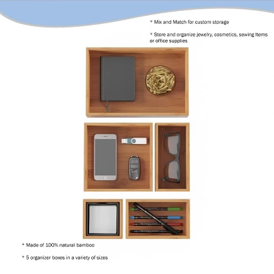 Drawer Organizer -5 Compartment Modular Natural Wood Bamboo Space Saver Tray Storage For Kitchen, Office, Bedroom And Bathroom By Hastings Home 2 Drawer Organizer -5 Compartment Modular Natural Wood Bamboo Space Saver Tray Storage For Kitchen, Office, Bedroom And Bathroom By Hastings Home - Image 2