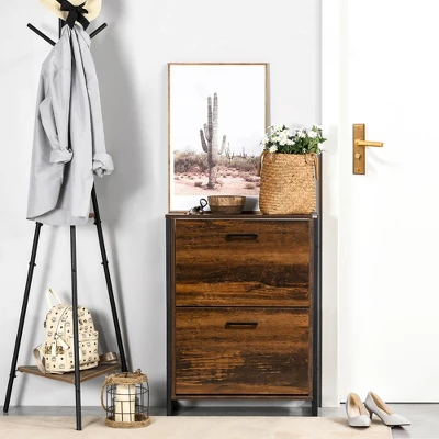 HOMCOM Shoe Cabinet With 2 Flip Doors, Slim 2-Drawer Shoe Cupboard With Divider And Open Compartment For 12 Pairs Of Shoes, Rustic Brown 2 HOMCOM Shoe Cabinet With 2 Flip Doors, Slim 2-Drawer Shoe Cupboard With Divider And Open Compartment For 12 Pairs Of Shoes, Rustic Brown - Image 2