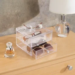 MDesign Plastic Glasses Storage Organizer Box Holder, 2 Drawers