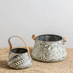 Set Of 2 Rustic Whitewashed Pattern Galvanized Metal Decorative Storage Baskets With Faux Leather Handles - Foreside Home And Garden -Storage Specialty Store GUEST bc5ab12d 0b15 4744 8110 d85393ade175