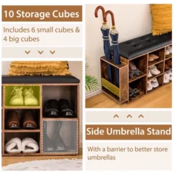 Costway Wooden Shoe Bench 10-Cube Storage Organizer With Padded Cushion & Umbrella Holder -Storage Specialty Store GUEST cdd571ec b6ee 4fc2 b998 3843573ad769