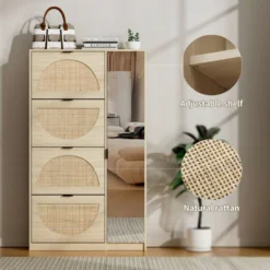 Arina 63.9'' H X 37'' W X 9.45'' D Farmhouse Natural Rattan Shoe Cabinet For 16 Pairs Design Mirror With 4 Flip Down Drawers - The Pop Maison -Storage Specialty Store GUEST df1532dc 7d49 4661 a4e2 87540d34218c 1
