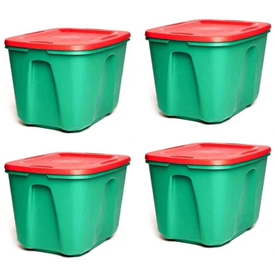 HOMZ 6618MXDC.04 18 Gallon Stackable And Nestable Heavy Duty Plastic Holiday Storage Container With 4 Way Handles, Green/Red, (4 Pack) 1 HOMZ 6618MXDC.04 18 Gallon Stackable And Nestable Heavy Duty Plastic Holiday Storage Container With 4 Way Handles, Green/Red, (4 Pack)