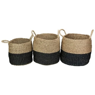 Northlight Set Of 3 Beige And Black Round Wicker Table And Floor Baskets 2 Northlight Set Of 3 Beige And Black Round Wicker Table And Floor Baskets - Image 2