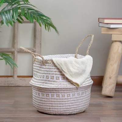 Northlight 17" Beige And White Large Seagrass Belly Basket With Handles 1 Northlight 17" Beige And White Large Seagrass Belly Basket With Handles