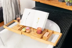 Tranquil Beauty 9" X 27" Premium Bath Caddy With Extendable Wooden Tray, Board With IPad, Tablet, And Phone Stand
