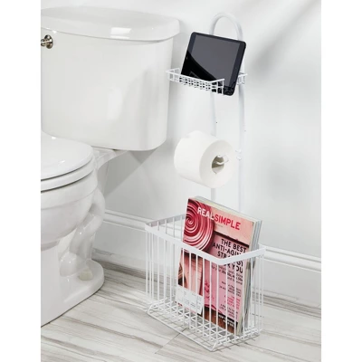MDesign Metal Free Standing Toilet Paper Stand/Dispenser, Holds Tablet 1 MDesign Metal Free Standing Toilet Paper Stand/Dispenser, Holds Tablet
